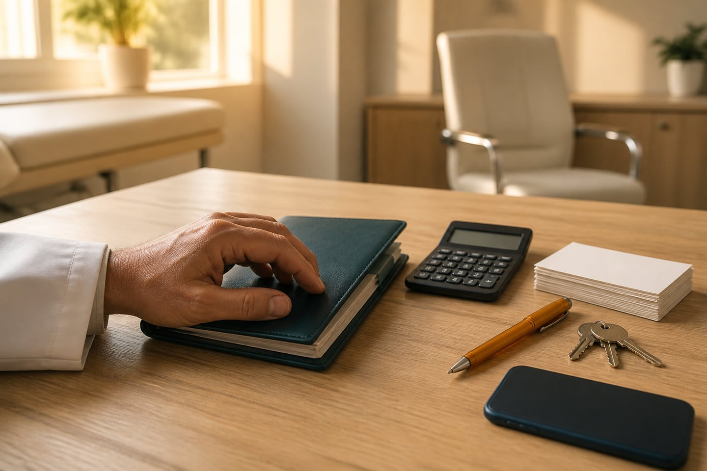 Cierre de jornada en un consultorio con agenda, calculadora y tarjetas de citas