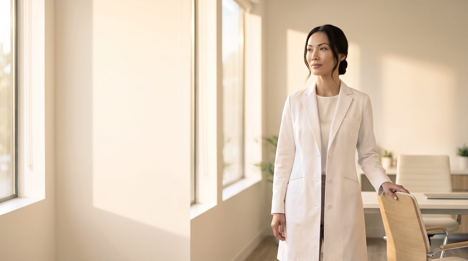 Médica en un consultorio luminoso y ordenado